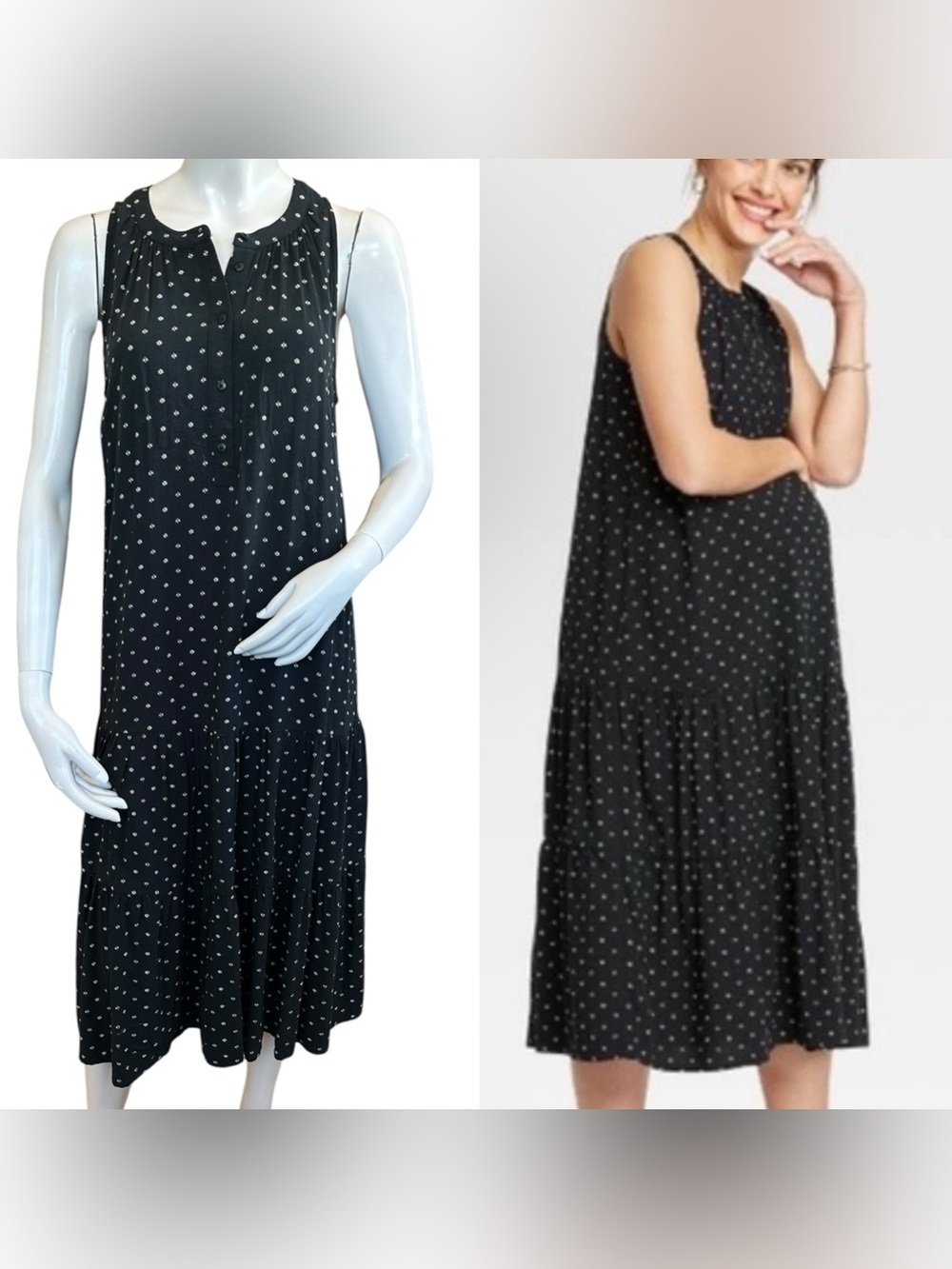 The Nines by Hatch Black & White Printed Sleeveless Tiered Midi Maternity Dress